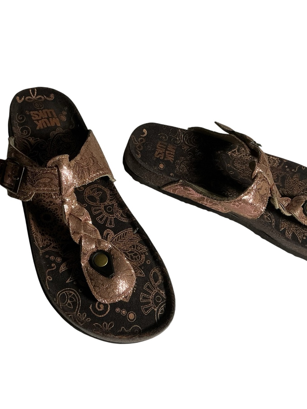 Muk Luks Womens 10 Rose Gold Metallic Braided Thong Buckle Slide Comfort Sandals - Picture 3 of 8